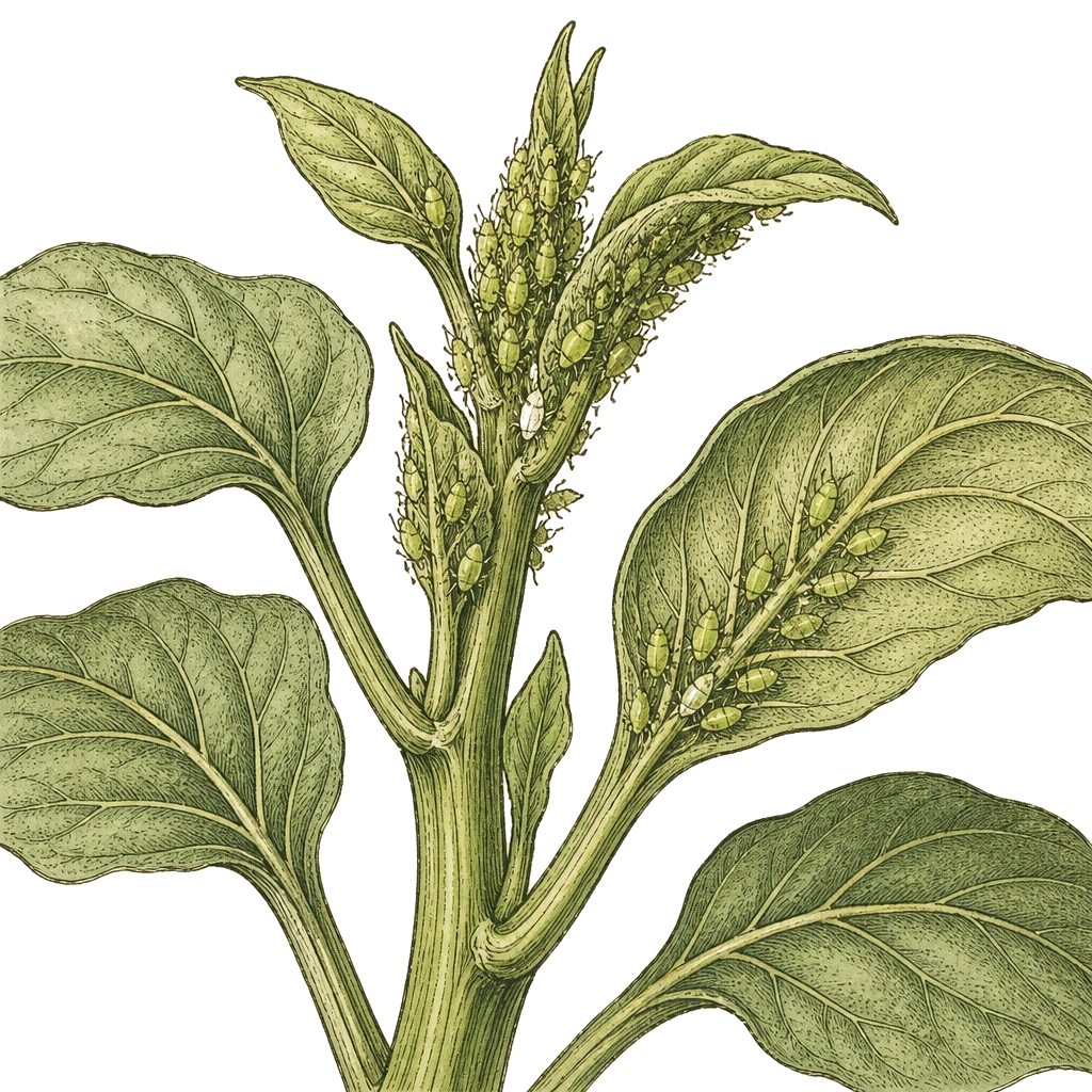 Cluster of soft-bodied aphids on tender pepper stem tips and leaf undersides — the pear-shaped insects and honeydew streaks that show up on new growth before natural enemies knock populations down.