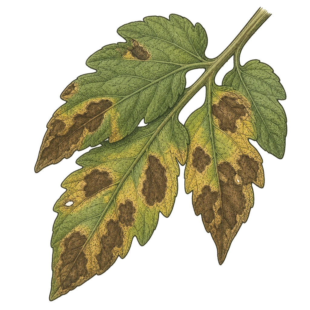 Tomato leaf with brown necrotic patches and yellowing margins — the irregular blight lesions that spread when wet weather keeps foliage damp.