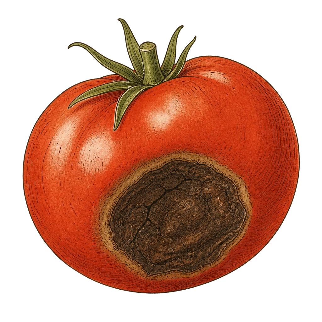 Tomato with a dark leathery sunken patch at the blossom end — the classic blossom-end rot lesion that signals uneven watering rather than a soil calcium shortage.