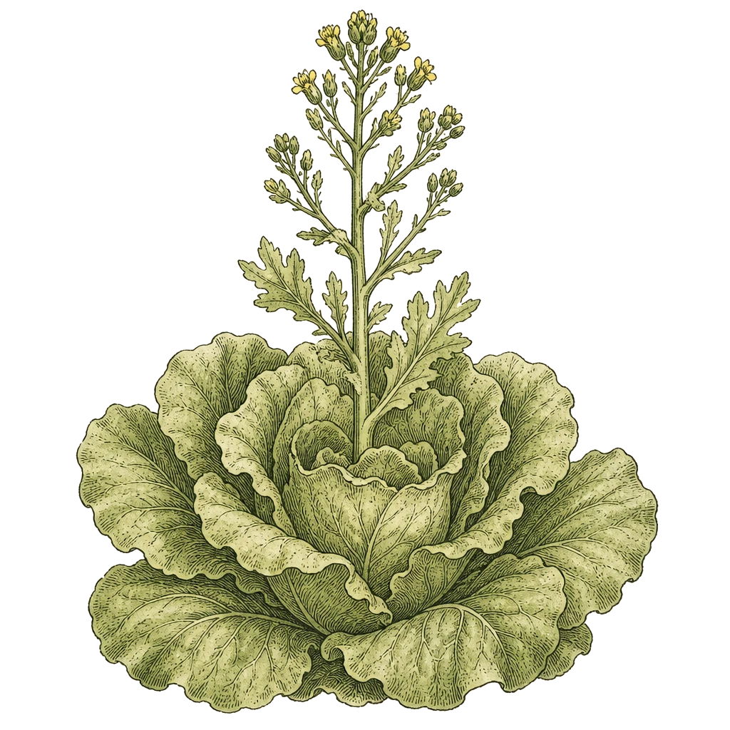 Lettuce sending up a tall central flower stalk above the harvestable head — bolting triggered by heat and long days, not a pest problem.