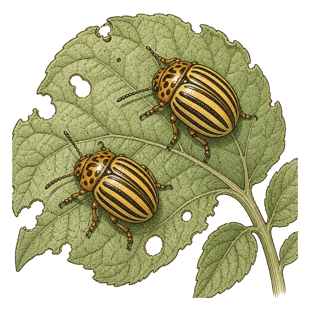 Striped Colorado potato beetles on a potato leaf — yellow-and-black adults that chew foliage and lay orange egg masses on undersides.