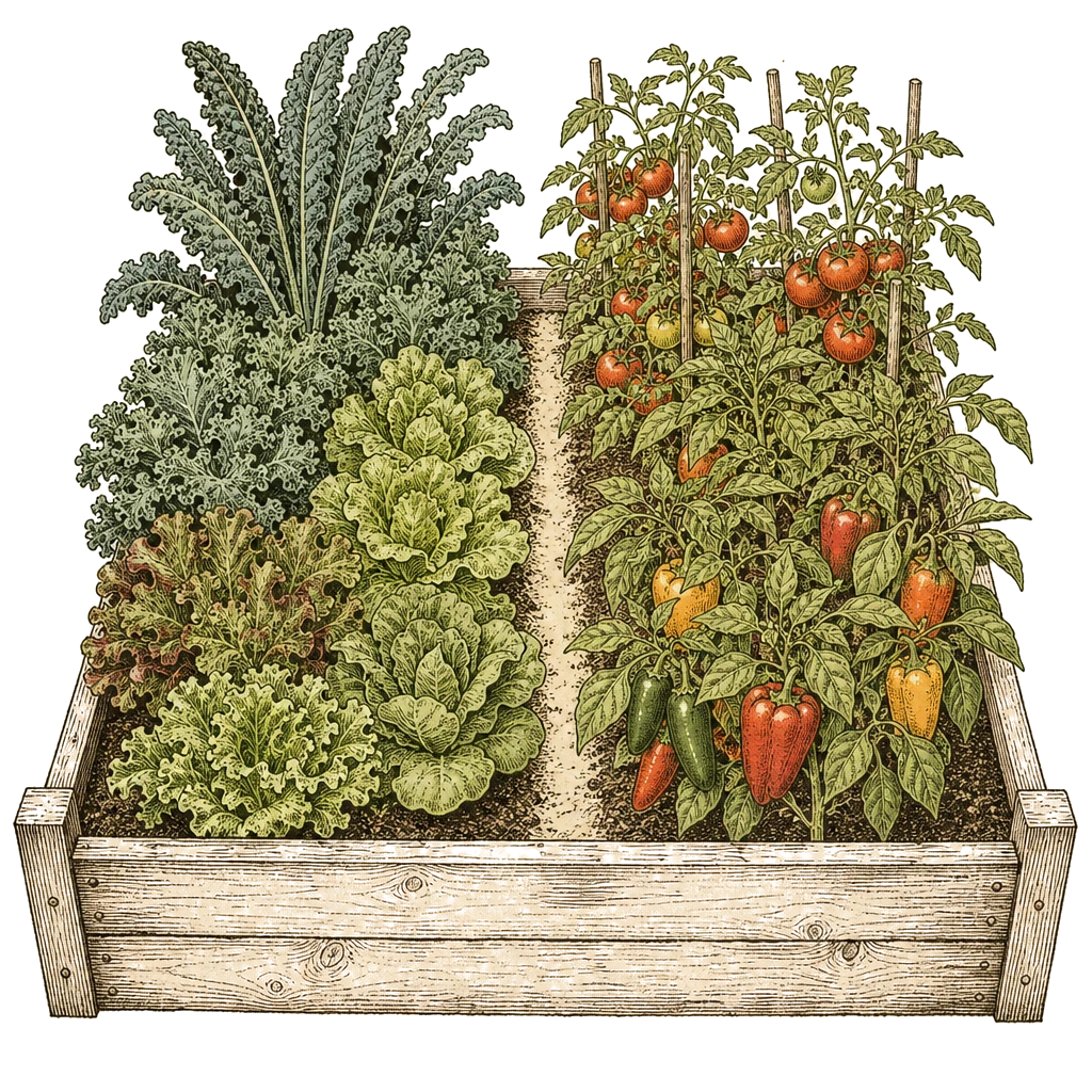 Garden bed split between frost-tolerant cool-season greens and warm-season tomato and pepper transplants — the two crop groups that need different seasons.