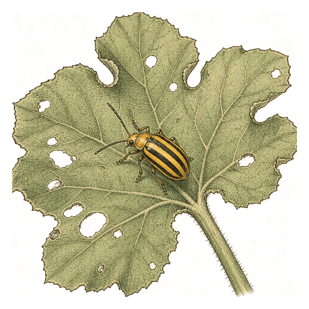 Striped cucumber beetle on a cucurbit leaf — the small yellow-black beetle that feeds on leaves and can spread bacterial wilt.