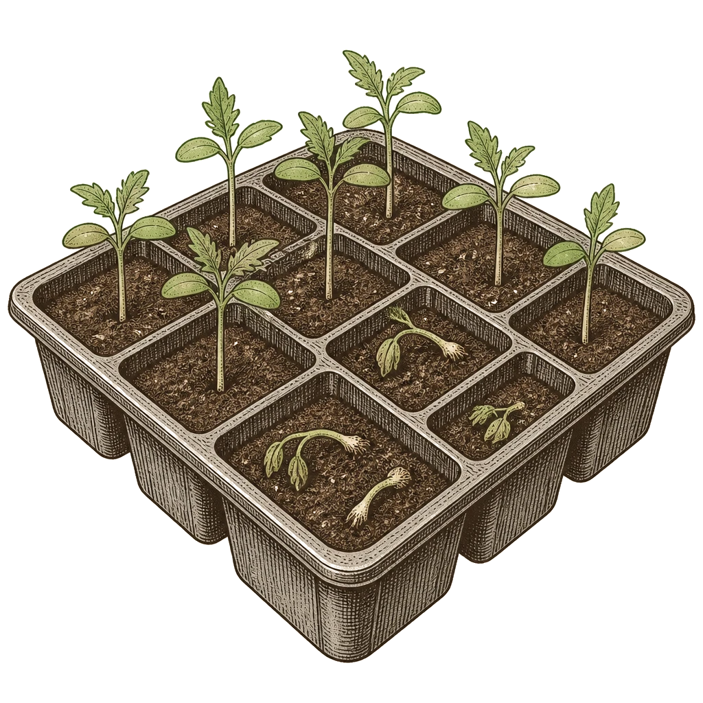 Seedlings collapsed at the soil line in a tray while neighbors stay upright — damping-off fungus killing stems where they meet wet potting mix.