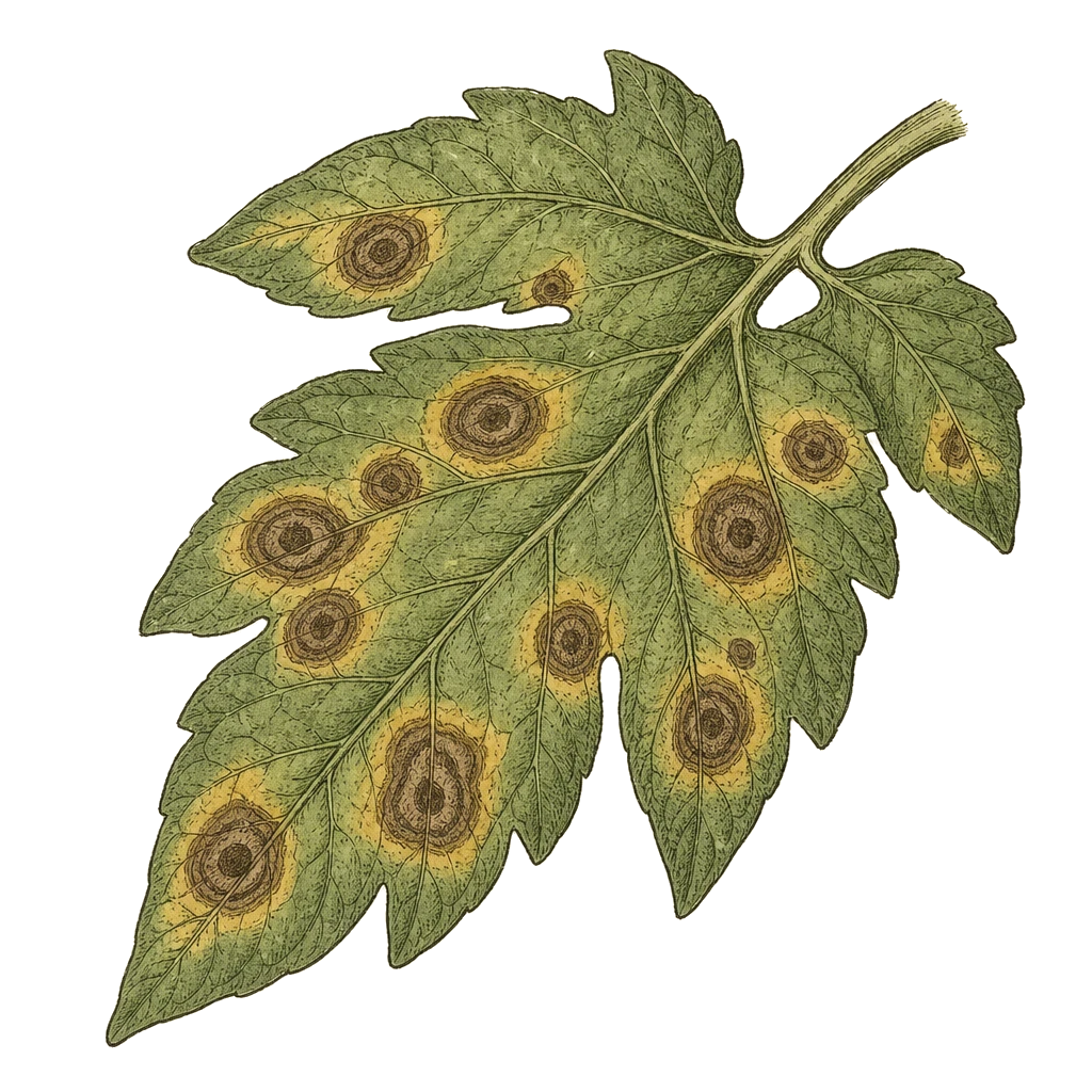 Tomato leaf with concentric target-spot lesions and yellow halo — the early blight pattern that starts on lower leaves in warm, humid weather.