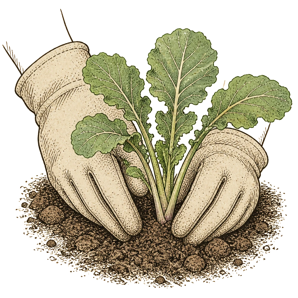 Gloved hands pressing soil around a fall vegetable transplant in a garden bed — fall sowing happens in summer heat, counting back from first frost.