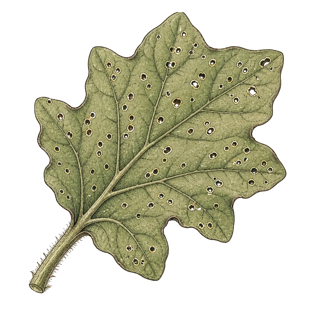 Leaf with clusters of tiny shot-hole pits from flea beetle feeding — the stippled damage that shows up on eggplant and brassicas first.