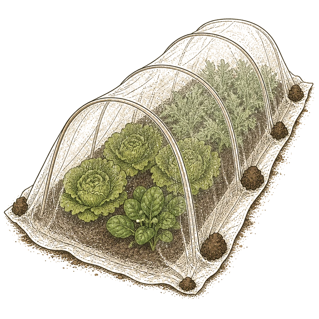 Row cover draped over a hooped low tunnel above a vegetable bed with anchored edges — season extension that buys frost protection without a permanent structure.