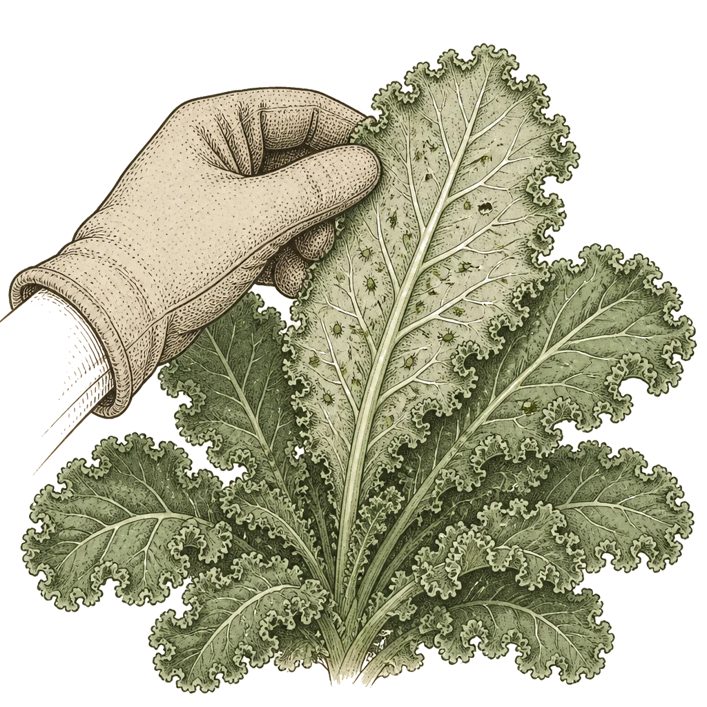 Gloved hand lifting a kale leaf to inspect the underside where aphids, mites, and other pests often hide during a weekly garden walk.