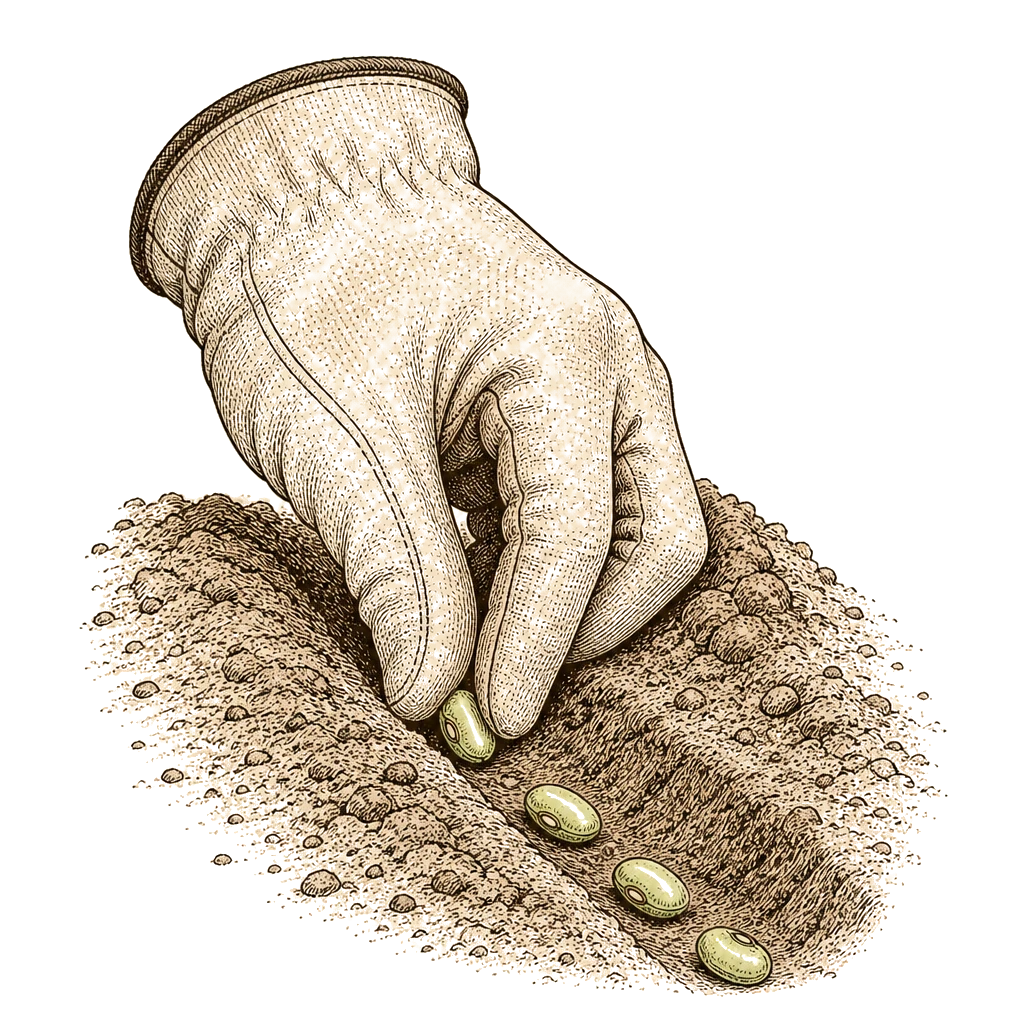 Gloved hand pressing bean seeds into a shallow furrow in garden soil — the direct-sowing motion extension guides describe.