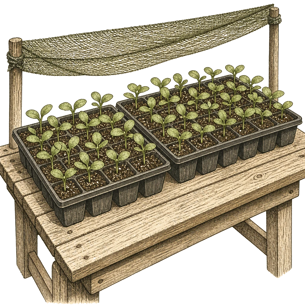 Seedling trays on an outdoor bench beneath partial shade cloth during the graduated hardening-off period before transplant.