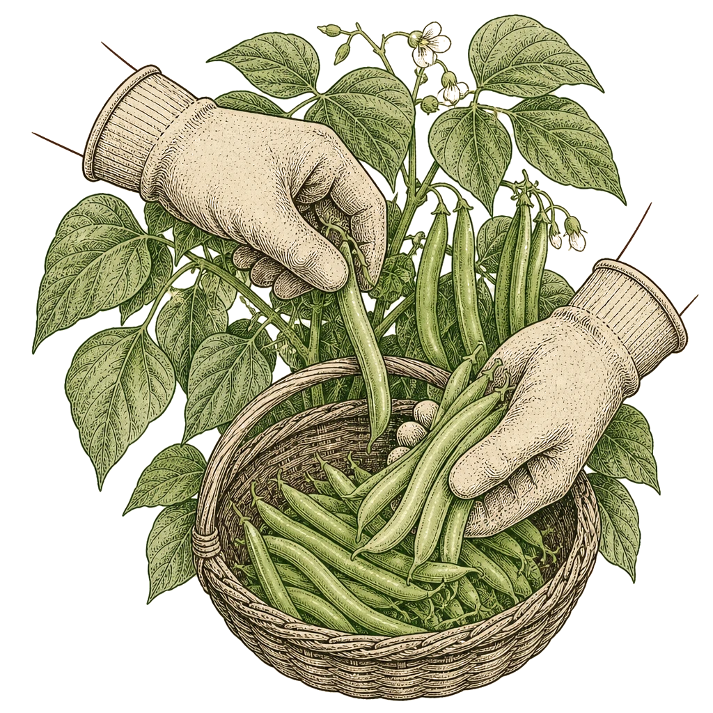 Gloved hands harvesting snap beans into a basket — picking at peak firmness before the plant slows flower production.
