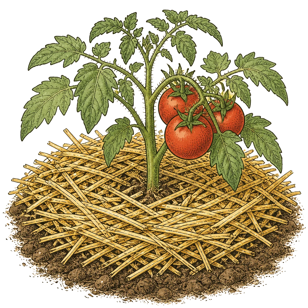 Straw mulch tucked around tomato stems at soil level to slow evaporation and keep irrigation near the roots.