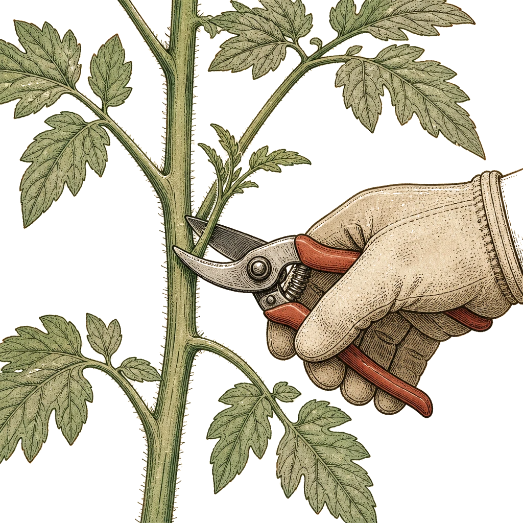 Pruning shears removing a tomato sucker at the leaf joint — weekly sucker removal on indeterminate tomatoes keeps plants productive and manageable.