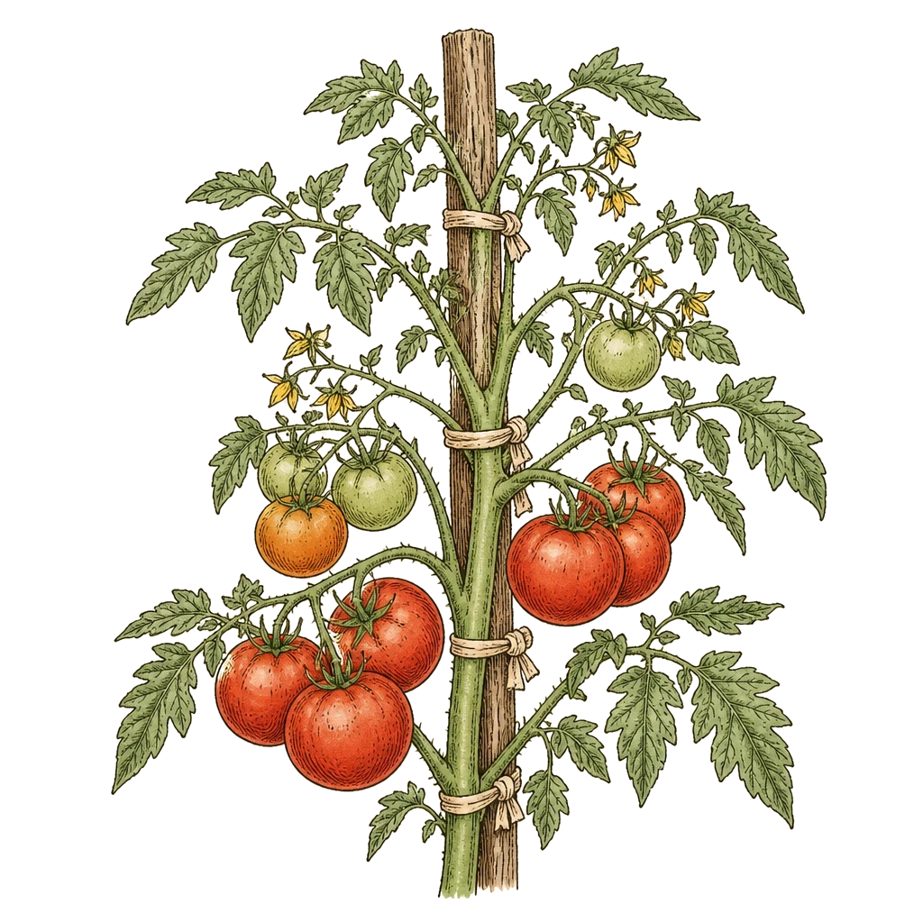Tomato plant tied to a wooden stake with soft garden tie — stakes belong in at transplant time so roots are not damaged by driving them in later.