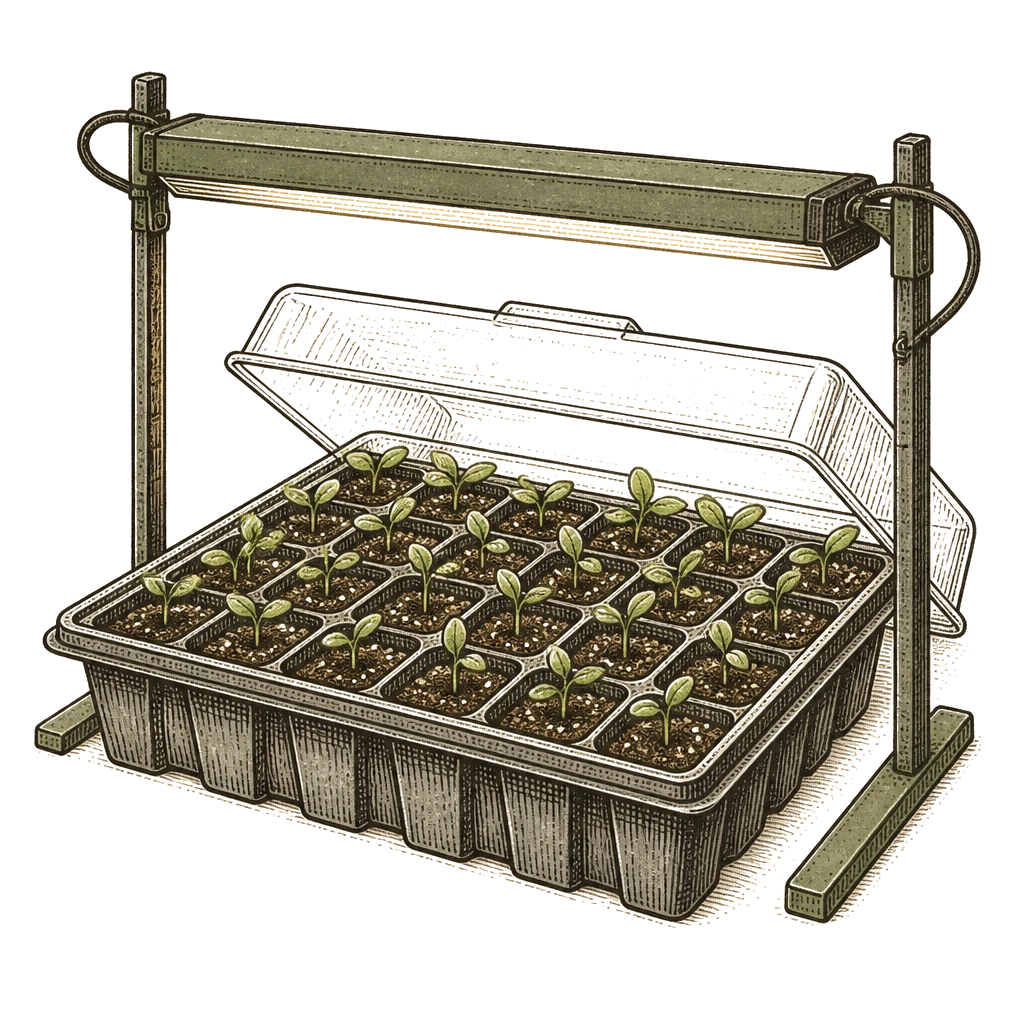Seed starting tray under a grow light with the humidity dome propped open — the indoor setup for strong transplants before hardening off.