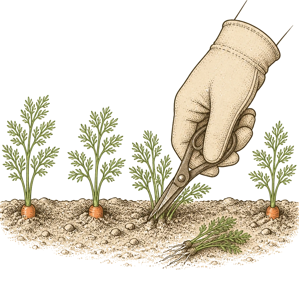 Snipping excess carrot seedlings at soil level, leaving one every few inches — thinning by cutting rather than pulling protects the roots you keep.