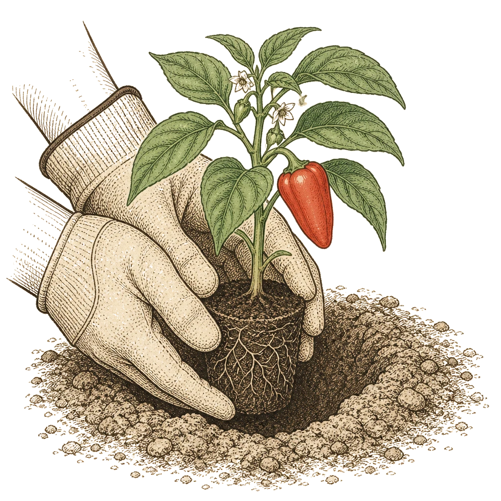 Gloved hand lowering a pepper seedling into a planting hole — setting transplants at the right depth limits shock and keeps roots in contact with moist soil.