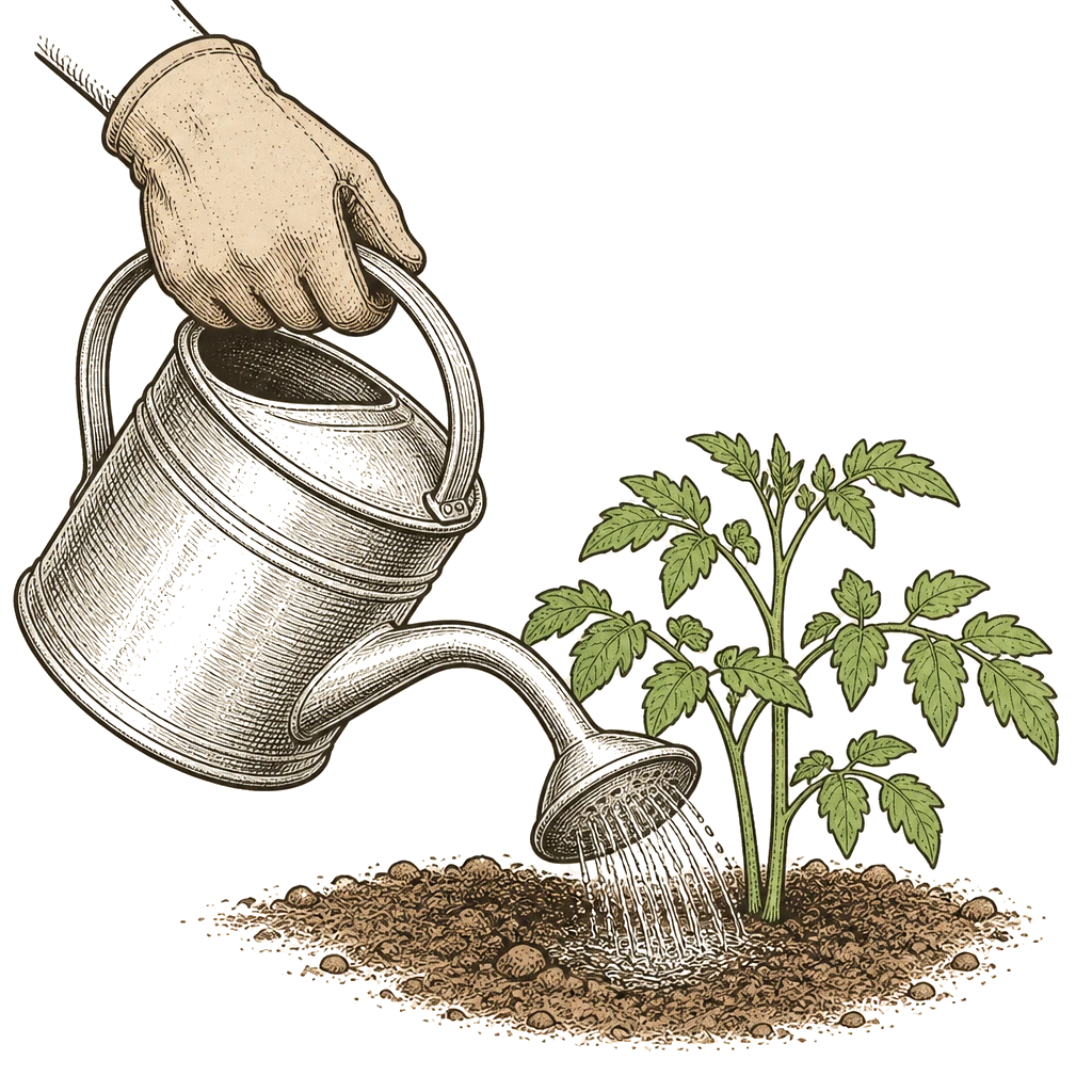 Galvanized watering can tilted low, sprinkler head at soil level pouring onto the root zone beside a seedling — base watering keeps foliage dry.