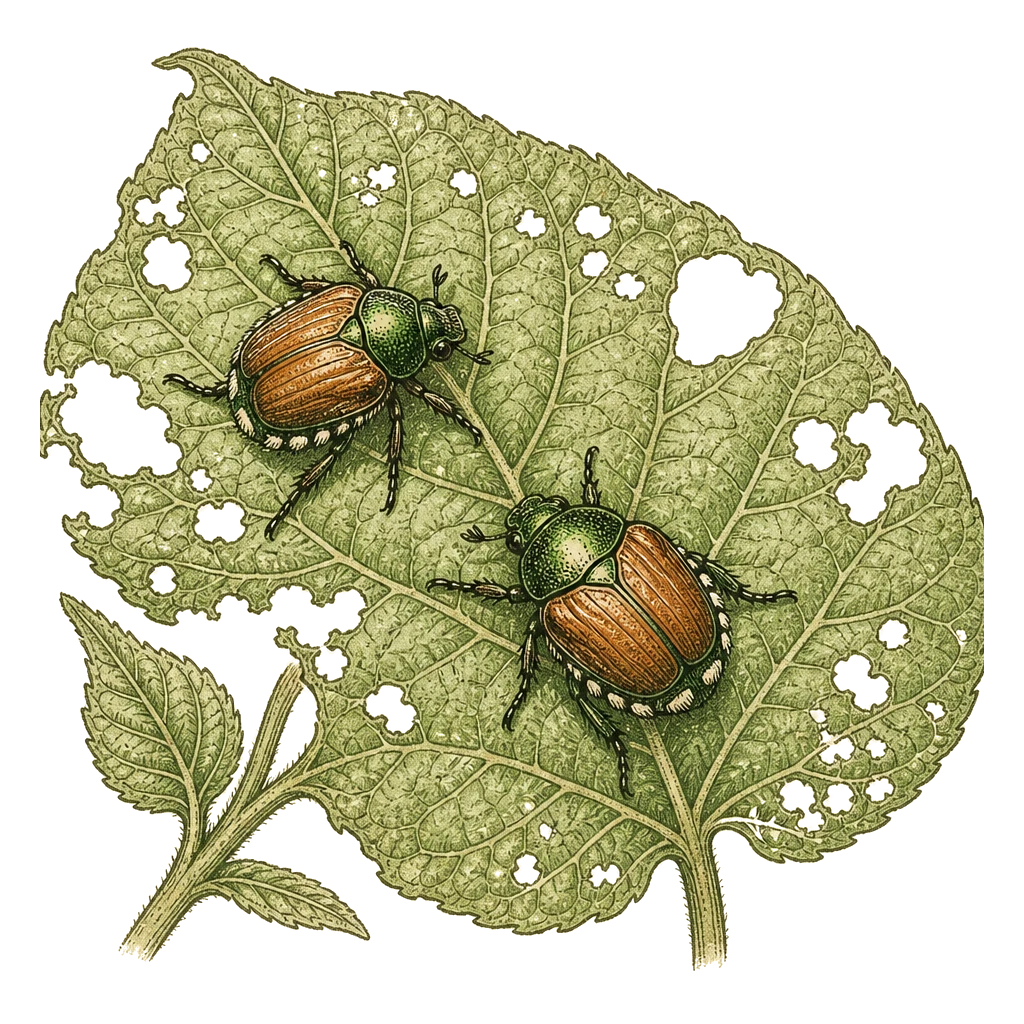 Metallic green Japanese beetles with copper wing covers on a leaf — adults that skeletonize foliage in mid-summer swarms.