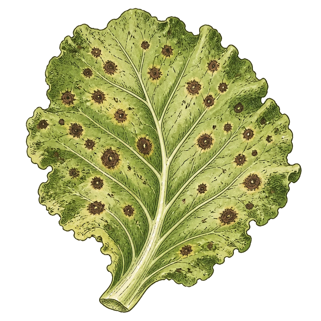 Vegetable leaf scattered with small dark circular spots — fungal or bacterial leaf spot before lesions merge and leaves drop.
