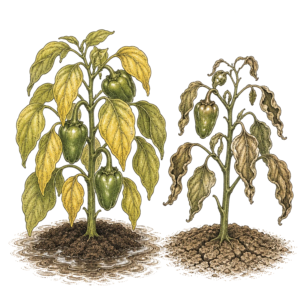 Two pepper plants side by side — yellow drooping leaves from too much water versus wilted dry leaves from too little — the contrast that separates the two problems.