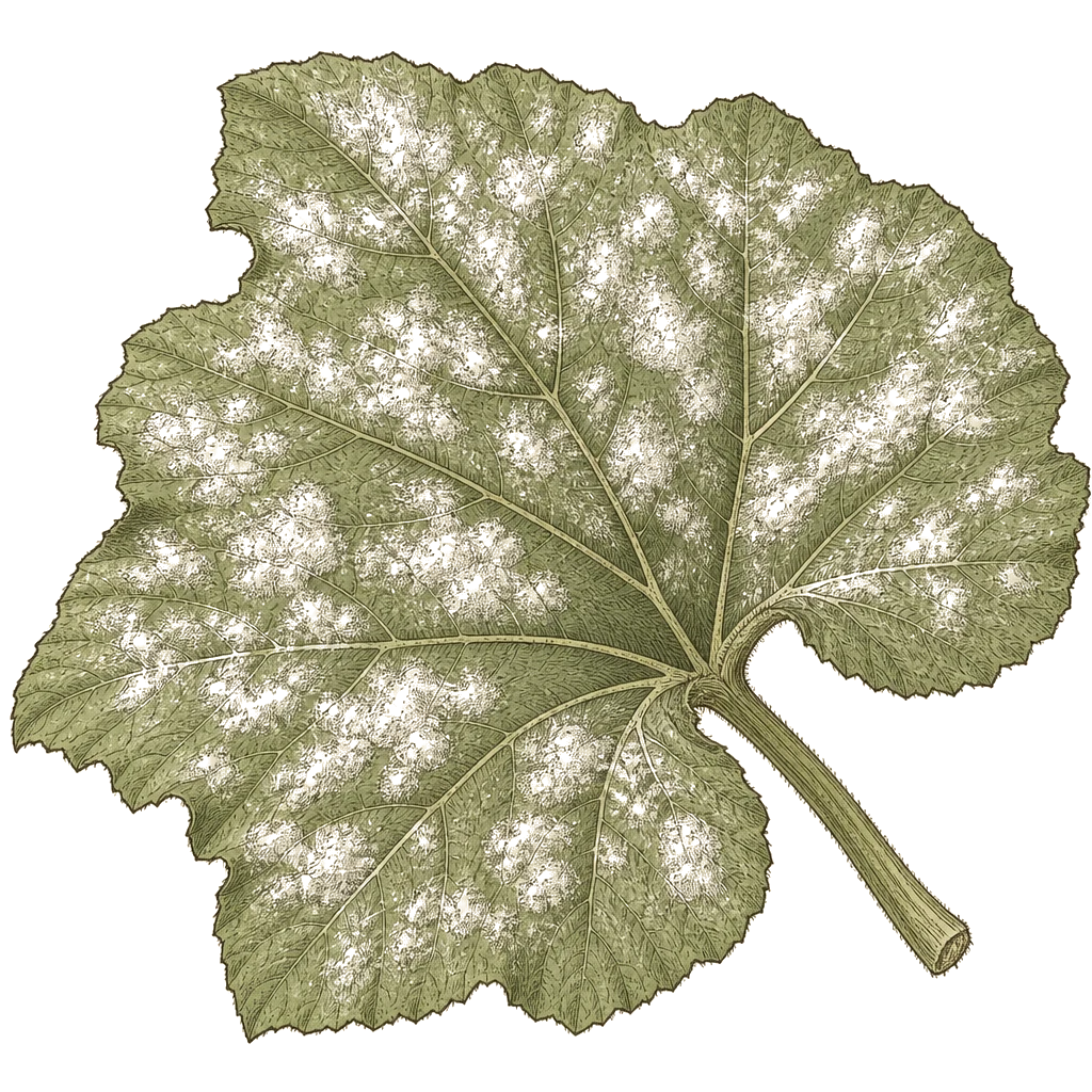 Squash leaf with white powdery fungal coating on the upper surface — the dry-heat mildew sign that spreads in crowded plantings with poor airflow, not from wet foliage.