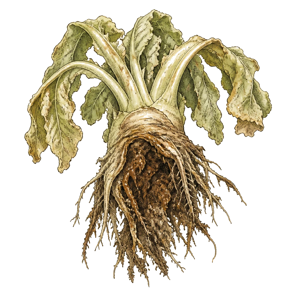 Uprooted plant with brown mushy roots and wilted leaves above — root rot from waterlogged soil or warm, soggy potting mix.