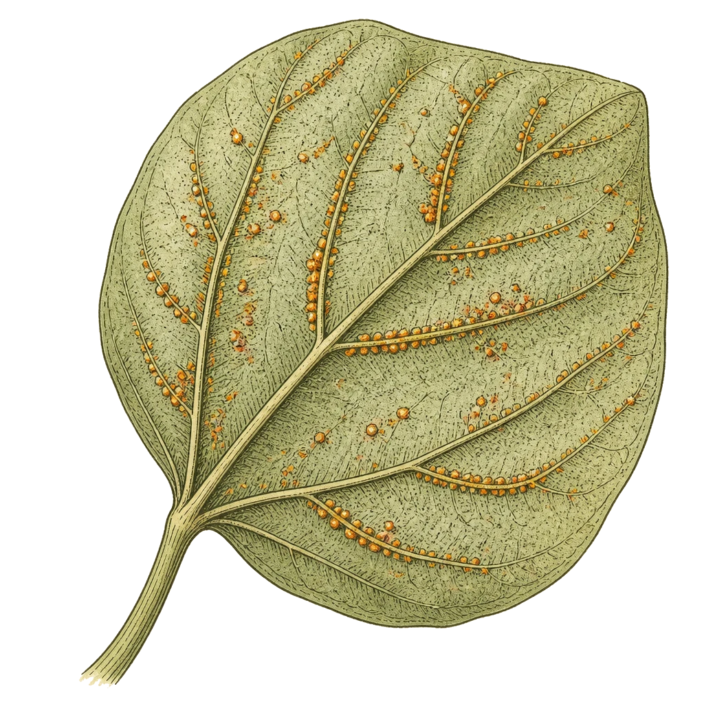 Bean leaf underside with orange-brown rust pustules in rows — the powdery spores that spread in humid weather on legumes and other crops.