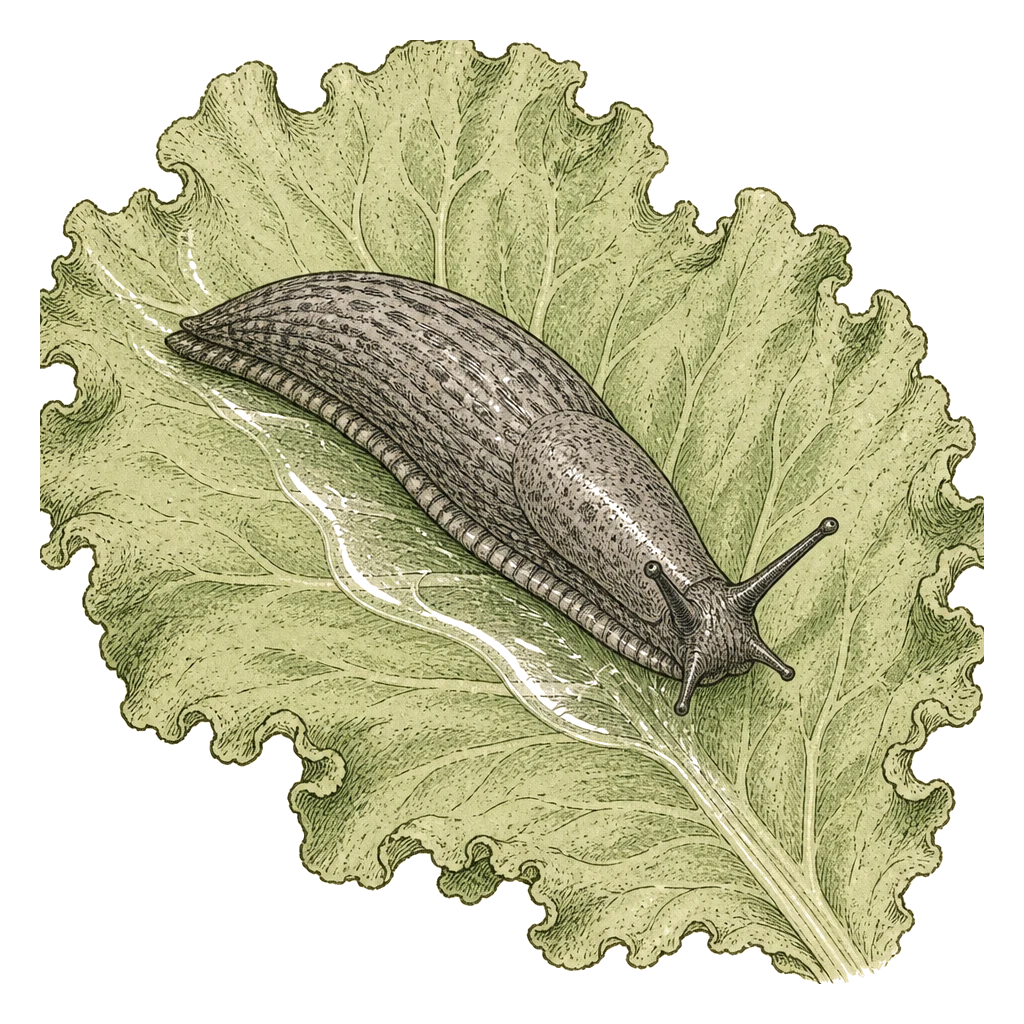 Gray garden slug on a lettuce leaf with a slime trail — the night feeders that leave ragged holes and silvery mucus on greens.