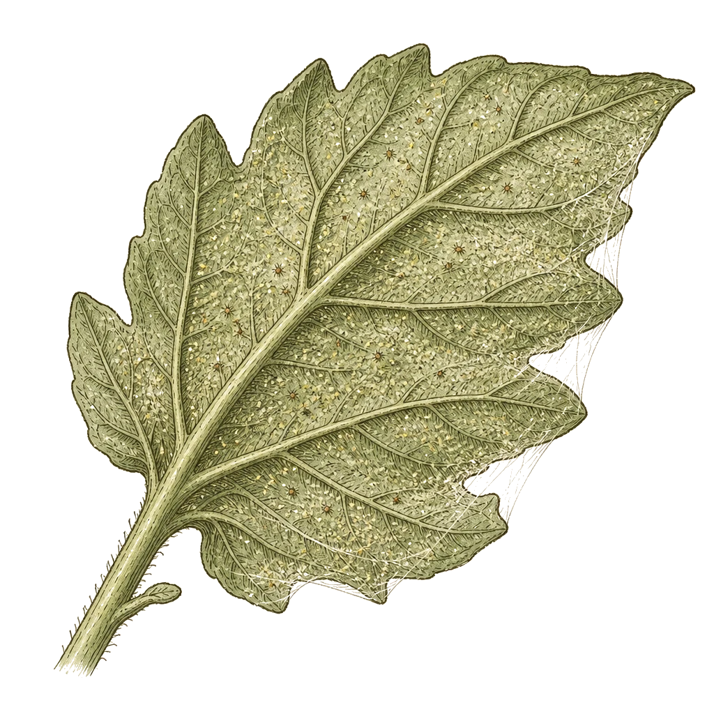 Leaf underside with fine pale stippling and dusty webbing — spider mite damage that looks like drought stress until you check with a hand lens.