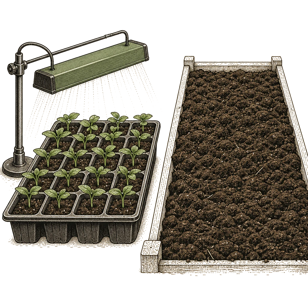 Seed-starting tray under a grow light beside a freshly prepped raised bed — the two parallel spring tasks that run before anything goes in the ground.