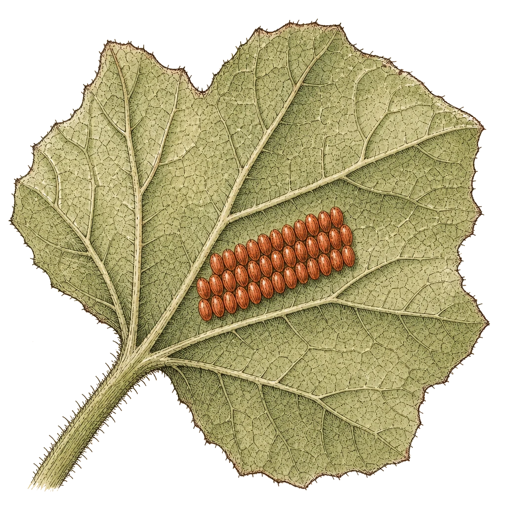 Copper-colored squash bug eggs in tight rows on a cucurbit leaf underside — the egg clusters to crush before nymphs hatch and sap stems.