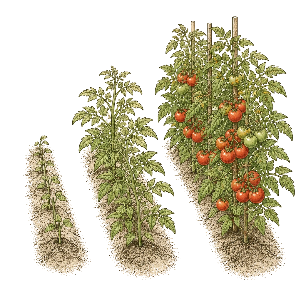 Same vegetable row in three growth stages — seedlings, half-grown plants, and harvest-ready maturity — the staggered window succession planting creates.