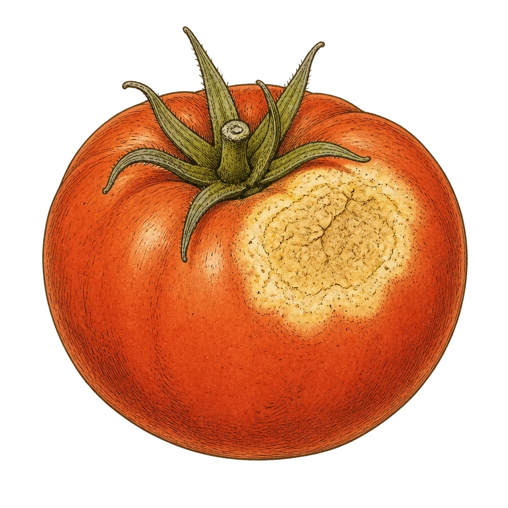 Tomato with a pale blistered patch on the sun-facing shoulder — sunscald from fruit exposed after leaf loss or pruning, not a disease.
