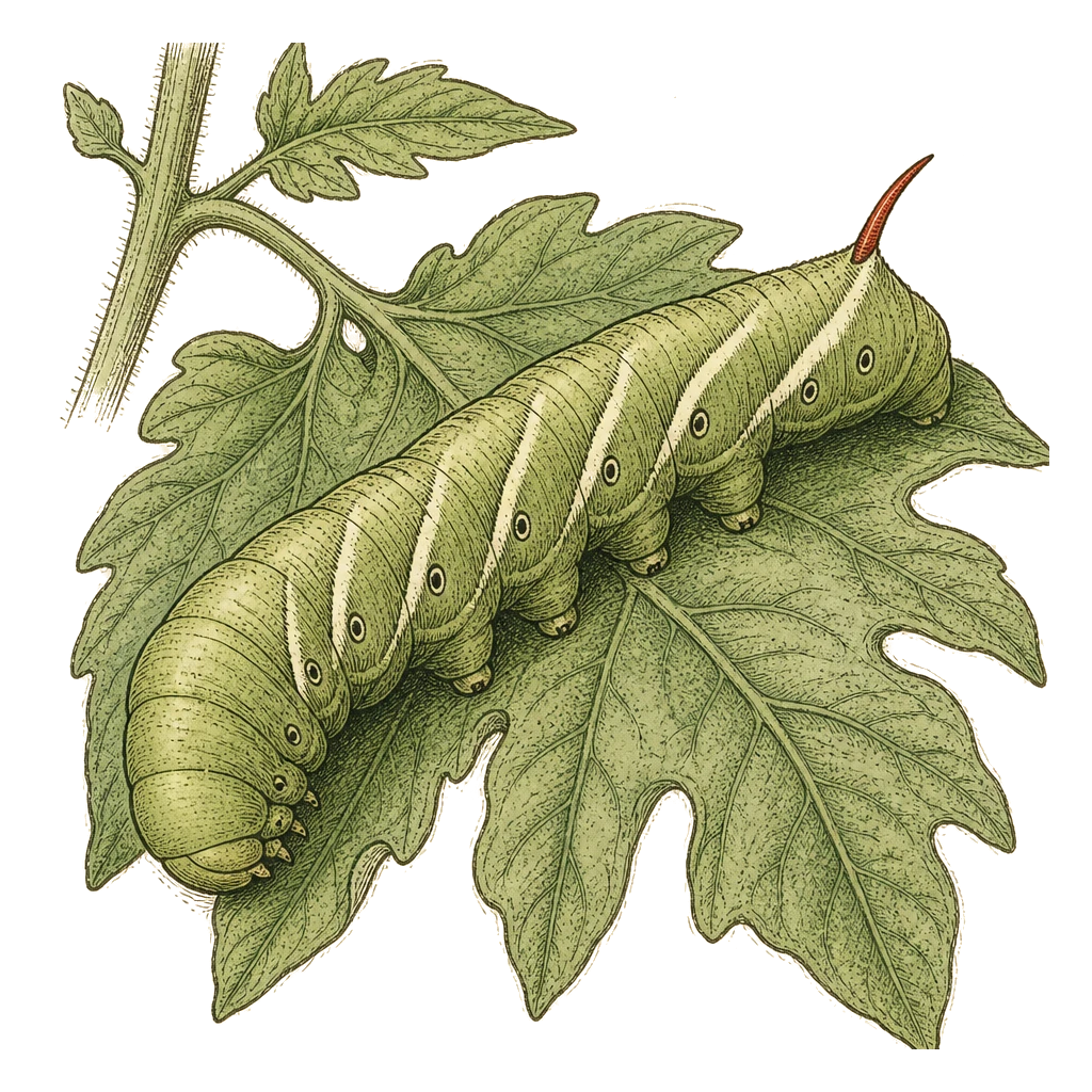 Large green hornworm caterpillar on a tomato leaf with a red tail horn — the voracious feeder that strips foliage before you spot the damage from above.
