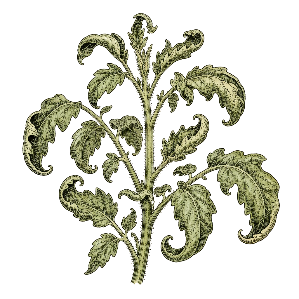 Tomato growing tips with leaves rolled upward and inward — leaf curl from heat, herbicide drift, or virus depending on what else you see on the plant.