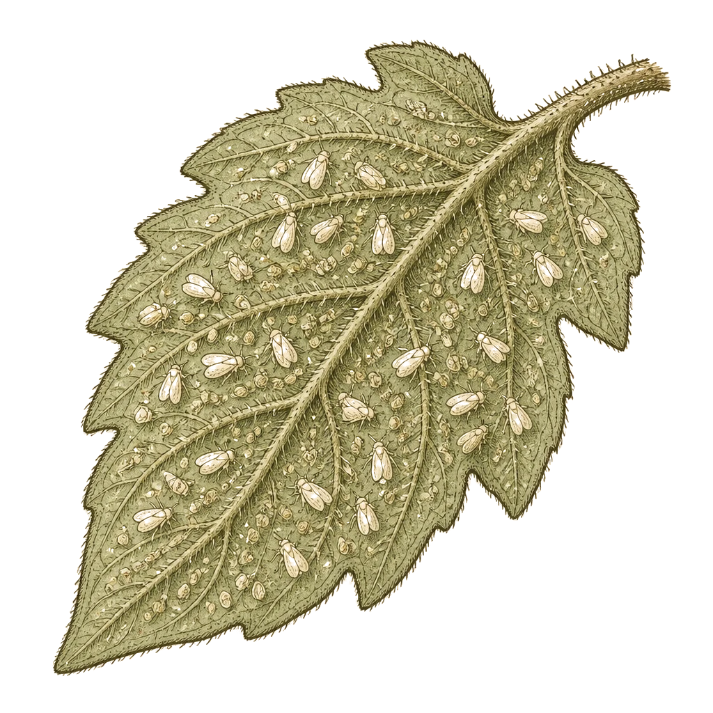 Tiny whiteflies clustered on a leaf underside — the flying adults and pale nymphs that leave sticky honeydew and sooty mold behind.