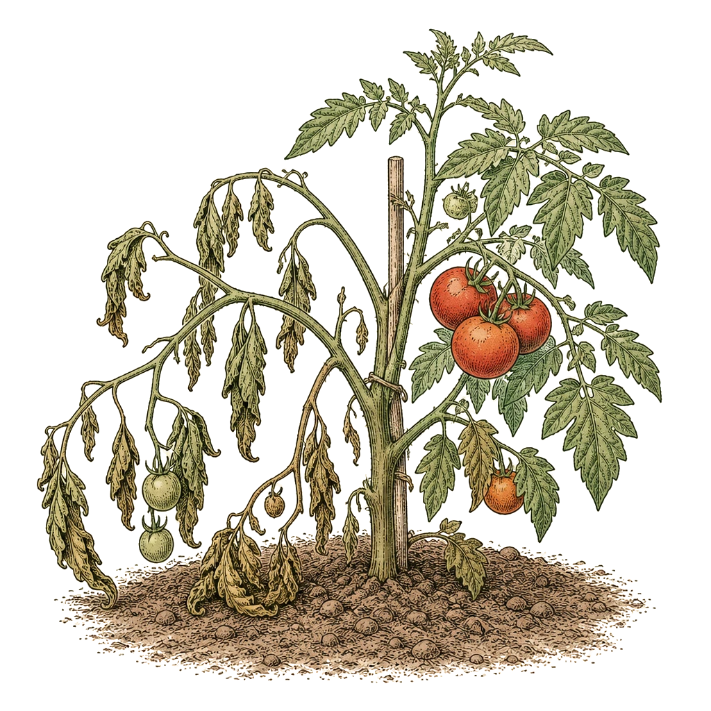 Tomato plant with limp drooping leaves and sagging stems — obvious wilt that can mean root damage, dry soil, or disease depending on the rest of the bed.
