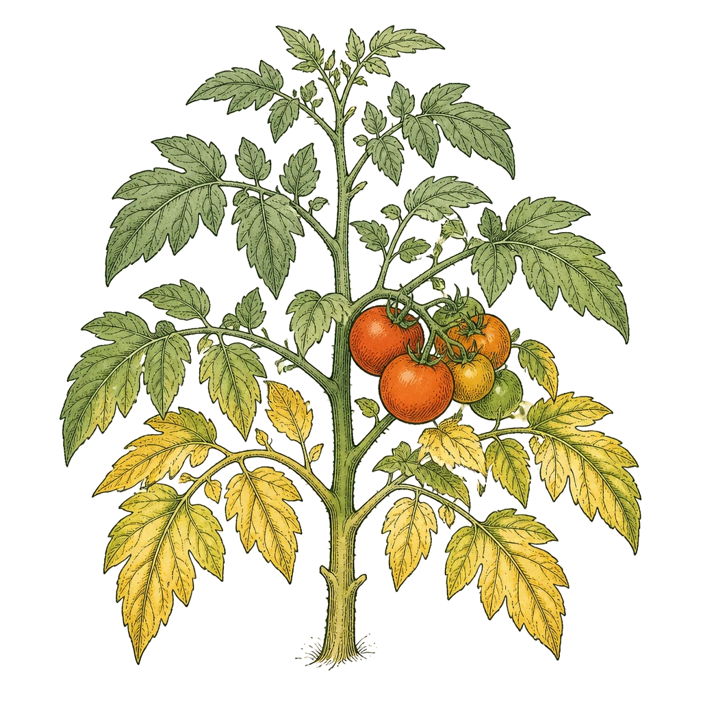 Tomato with lower leaves turning yellow while top growth stays green — the pattern that usually points to nitrogen, moisture, or age rather than a single pest.