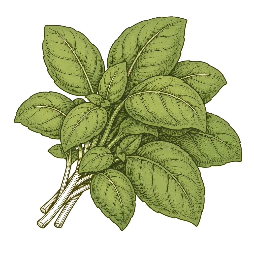 Basil leaf bunch on short stems — the harvestable leaves to pick while oils stay sweet, before flowering turns flavor bitter.