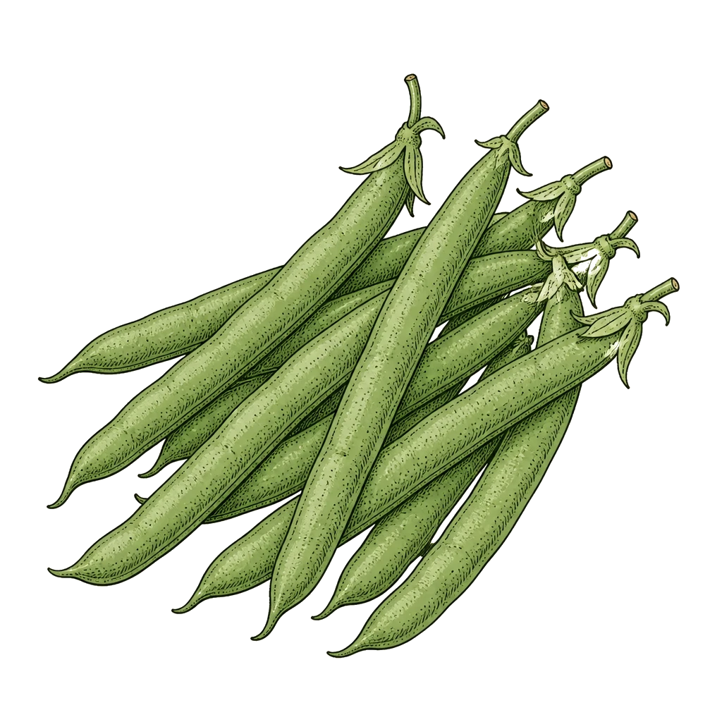 Slender green bean pods on short stems — the snap beans to pick every few days while seeds stay small and pods stay tender.