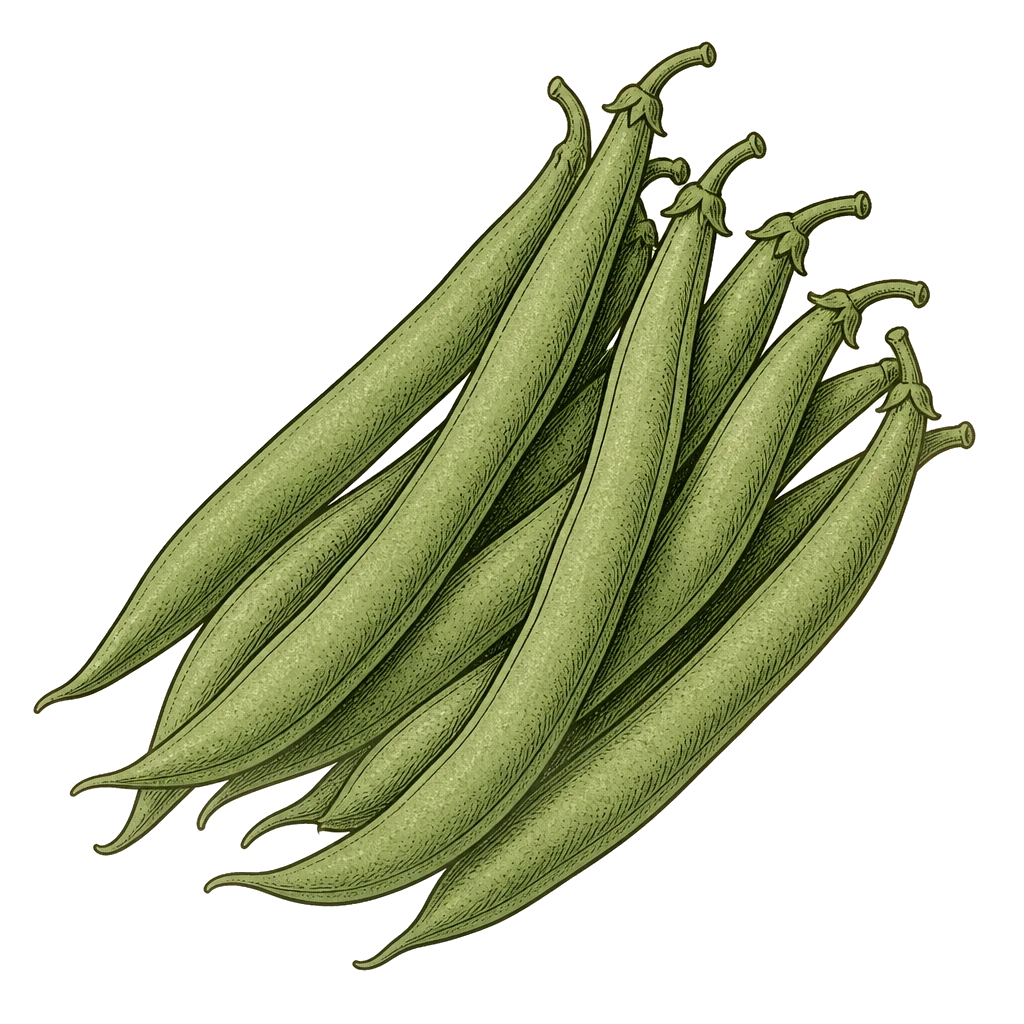 Bunch of long green pole bean pods on a short stem — the slender pods to pick every 5–7 days so the vine keeps flowering.