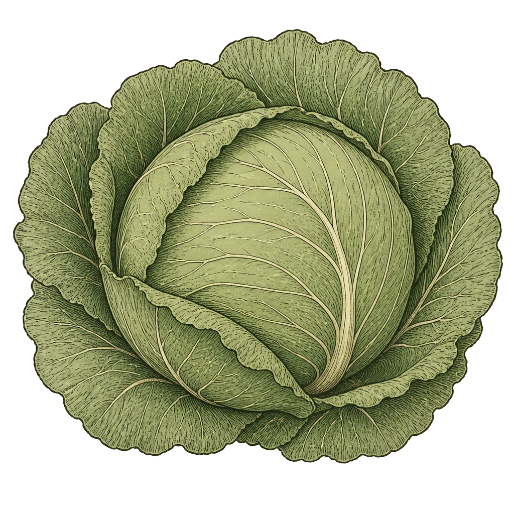 Firm round cabbage head with outer wrapper leaves — the solid head to harvest when it feels dense all the way through.