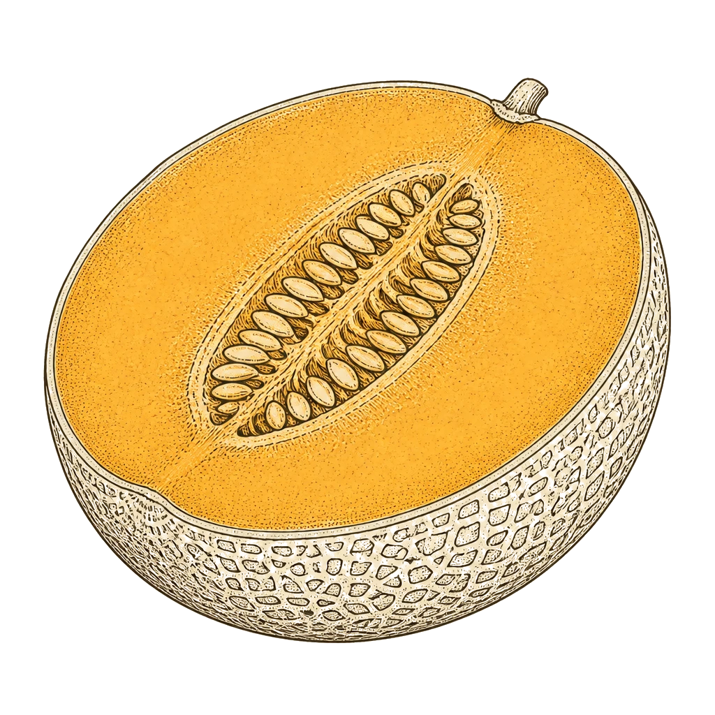 Cantaloupe half with netted rind and orange flesh — the ripe melon to harvest at full slip when the stem releases cleanly.