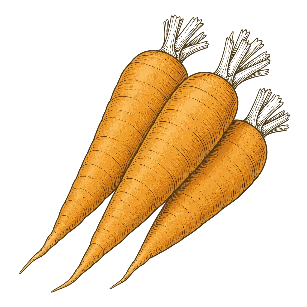 Tapered orange carrot roots with trimmed tops — the harvestable roots to pull when diameter reaches about 1 inch at the shoulder.