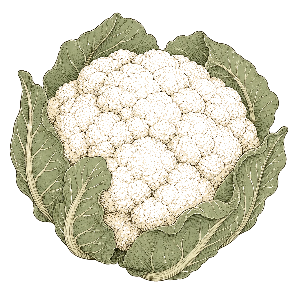 Cauliflower head with tight white curd and pulled-back leaves — the mature head to cut before florets separate or turn grainy.