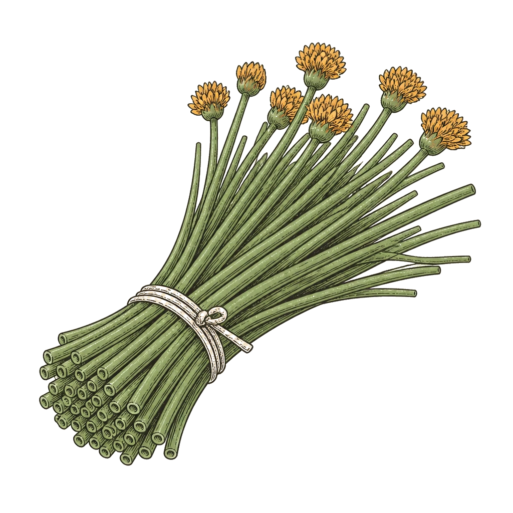 Bundle of hollow chive stems — the leaves to cut back to 1–2 inches from soil so fresh growth keeps replacing the harvest.