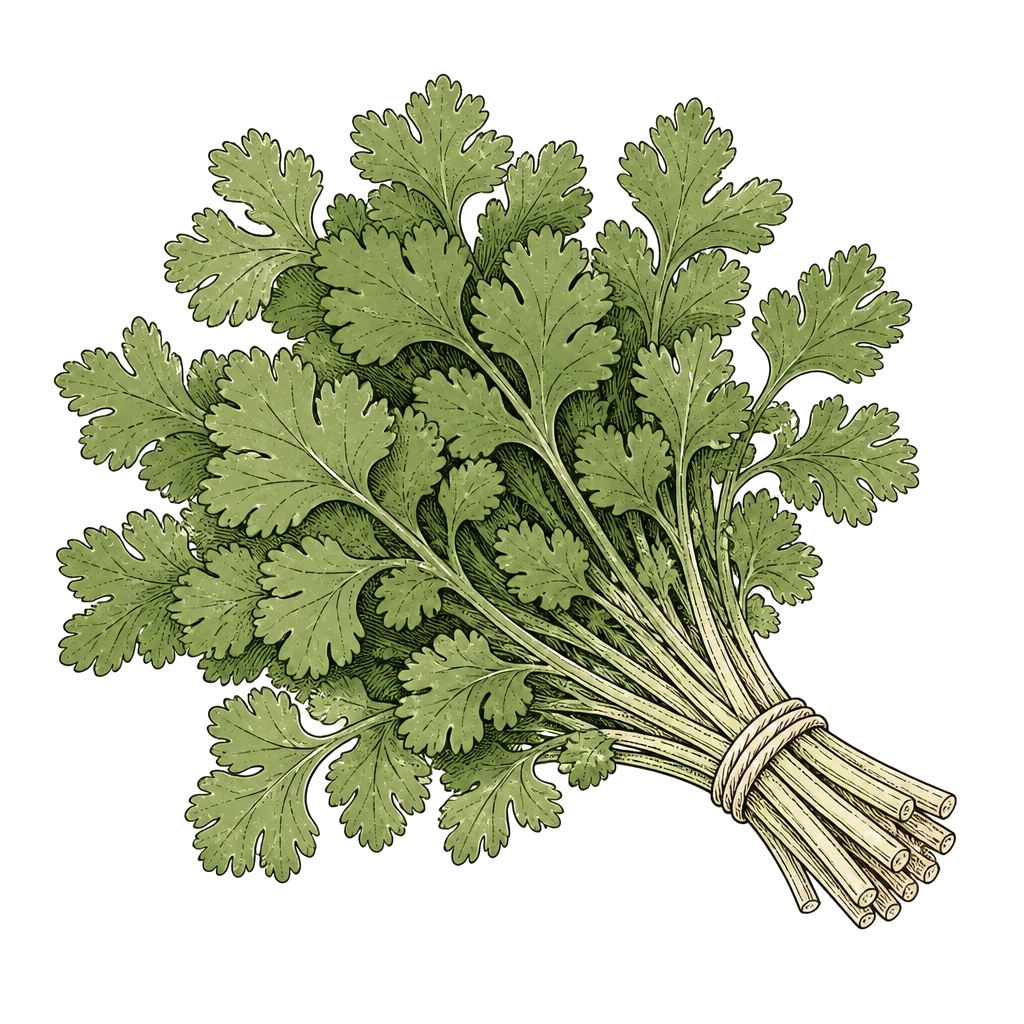 Loose bunch of lacy cilantro leaves and stems — the harvestable foliage to pick before heat shifts the plant to flowering.