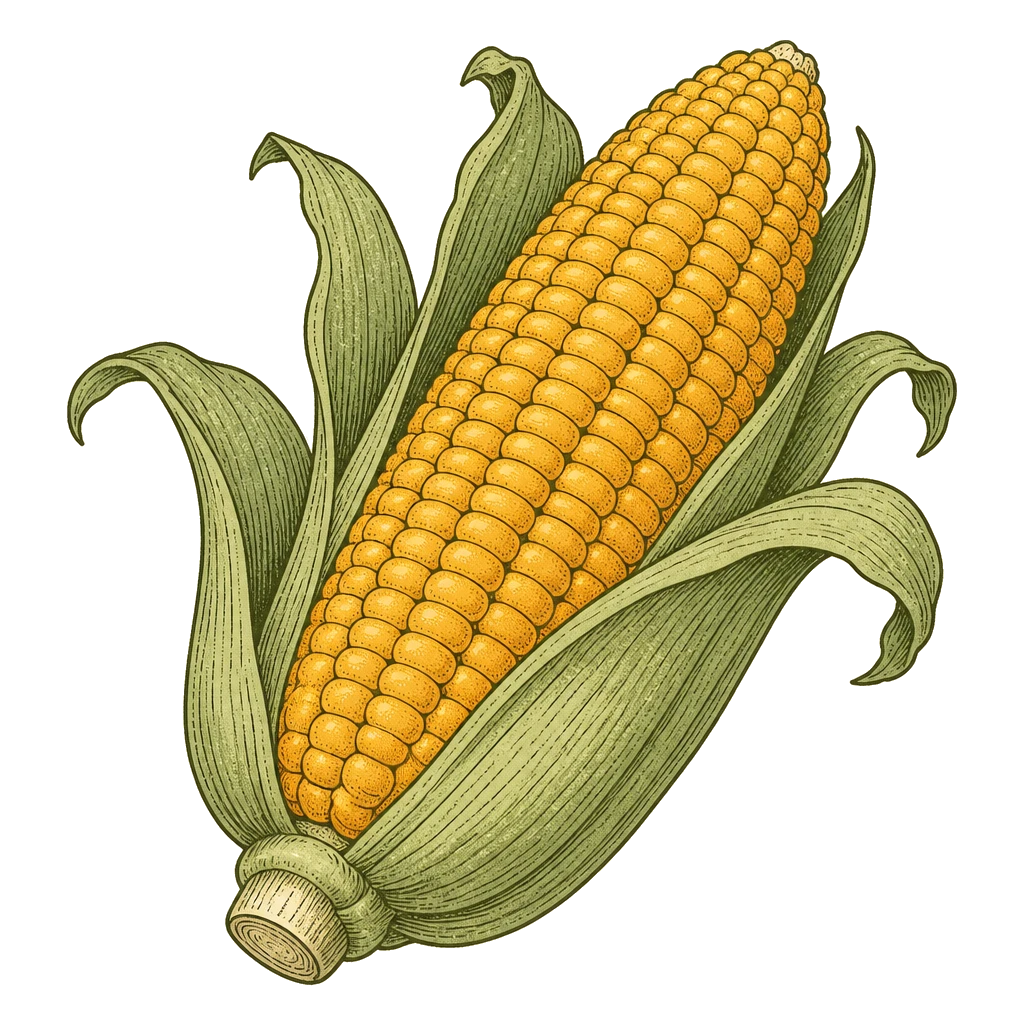 Shucked sweet corn ear with golden kernels in rows — the milk-stage ear to harvest when a thumbnail pressed into a kernel releases milky juice.